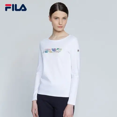 fila斐乐 2018w系列女长袖t恤女装春季新款圆领打底衫运动服女 标准白