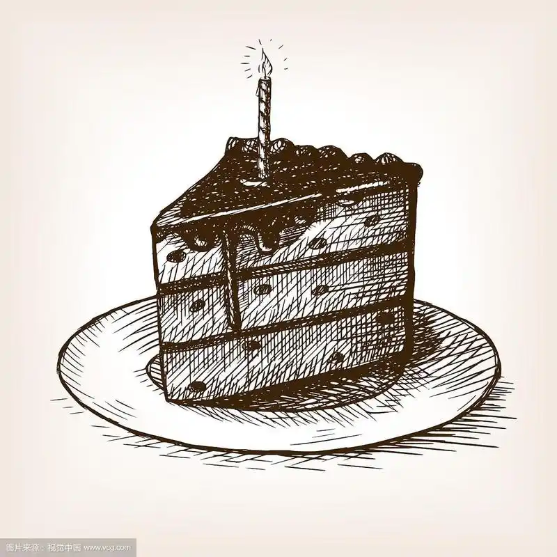 一块蛋糕和一支蜡烛手绘素描