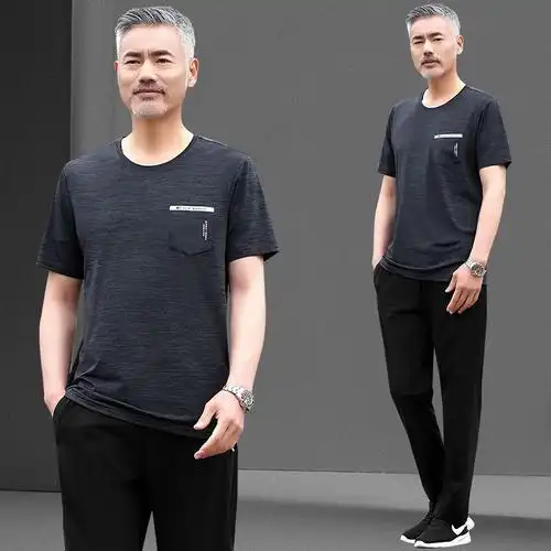 中老年运动套装爸爸装夏季男士圆领短袖夏天休闲冰丝大码运动服跑步