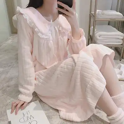 秋冬季珊瑚绒睡裙女保暖甜美少女连衣裙加绒法兰绒睡衣家居服裙子