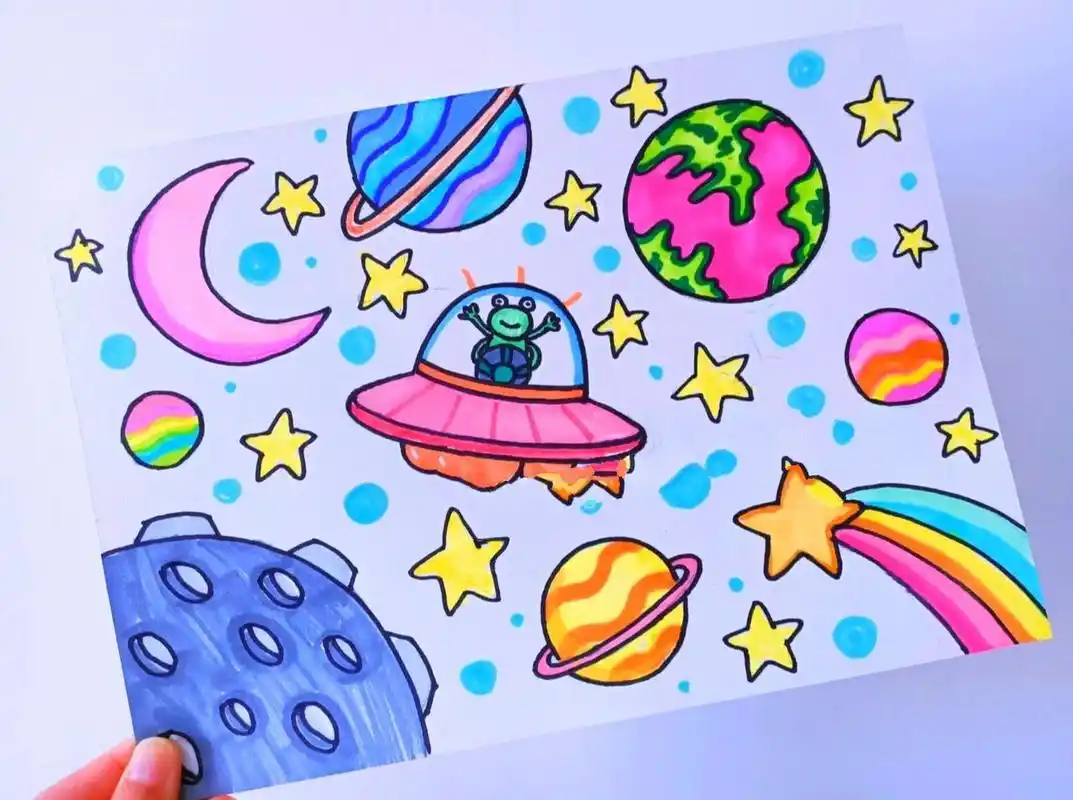 少儿童简笔卡通创意画宇宙行星外星太空 宇宙行星凸显点的大小变化