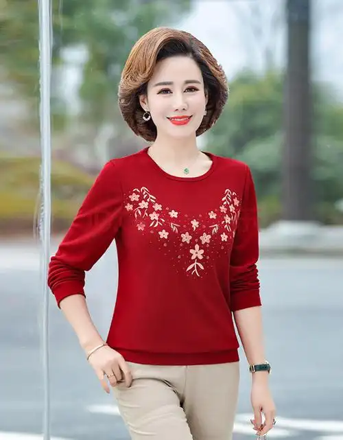 新款妈妈春秋装长袖打底衫短款中老年女针织t恤洋气小衫减龄上衣 酒