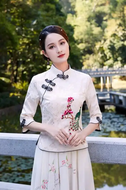 睿娅美夏天女生民国风茶艺服女式唐装女夏季改良汉服时尚旗袍上衣中国