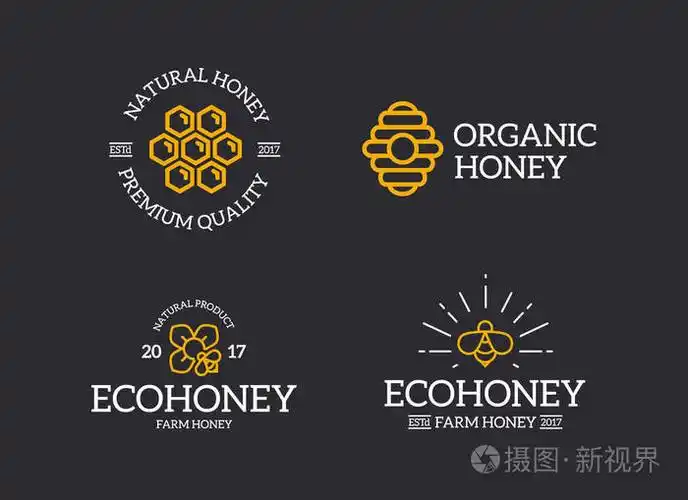 一套复古复古蜂蜜和蜜蜂, 蜂窝, 蜂巢徽标或徽章, 标志, 标签和徽章和