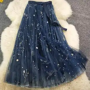 重工星座星空刺绣多层次12米网纱裙中长款仙女百褶半身裙2021春秋