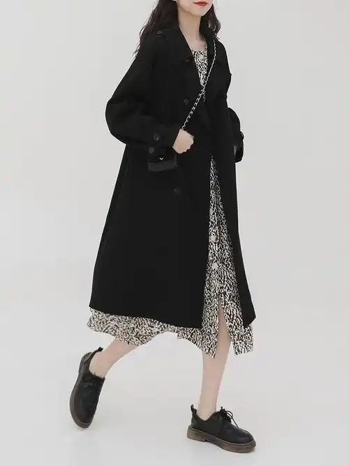 金大班归云2019初秋装新款气质双排扣黑色风衣外套大衣女中长过膝