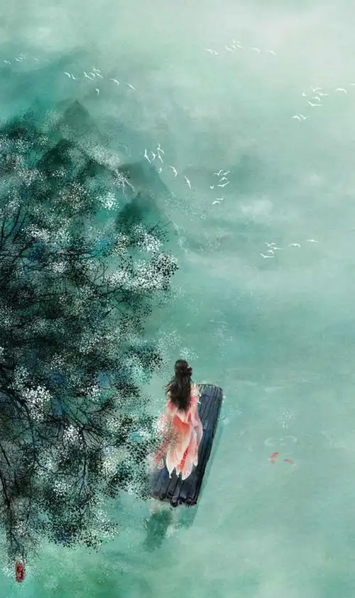 壁纸 背景板 手绘 女孩渡舟 青山绿叶古风 锦鲤 大树 绿水