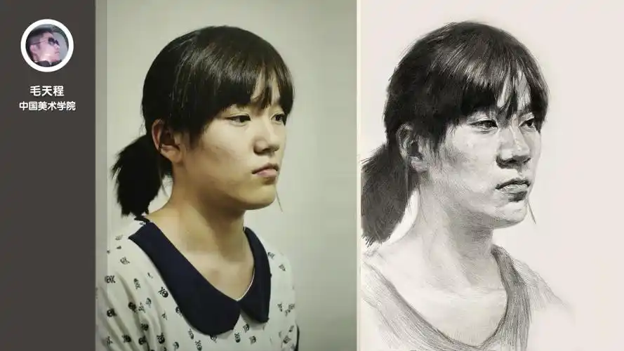 女青年四分之三侧面素描头像毛天程