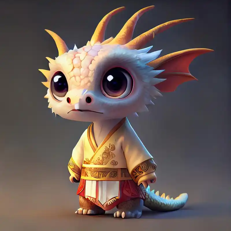 皮克斯风格超可爱拟人龙穿着汉服,站立,迷人的大眼睛,可爱的尾巴,超