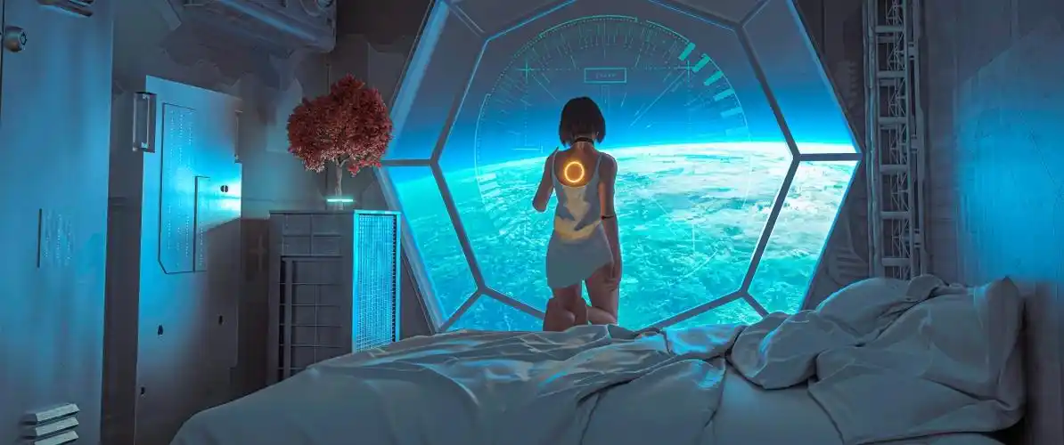 房间 树床 机械人女孩 星球 太空3440x1440带鱼屏壁纸_4k动漫图片高清