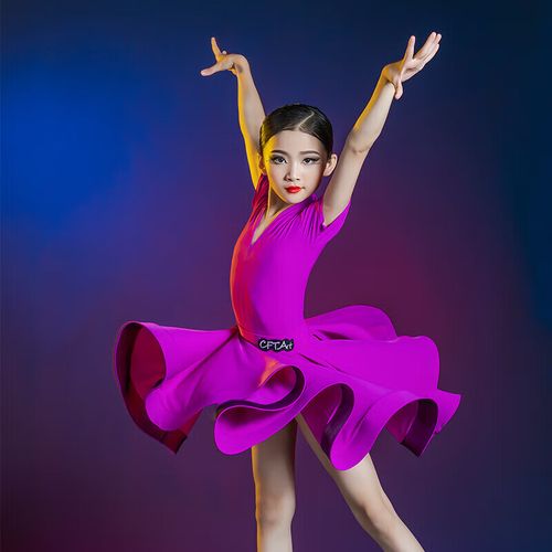 创京懿选拉丁舞裙女童标准比赛服春秋新款服女拉丁舞蹈服规定服 紫色