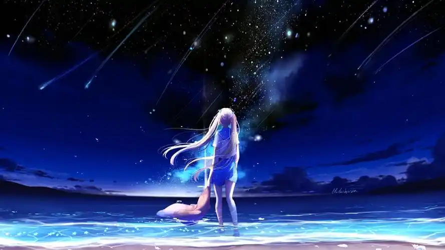 蓝色天空流星女孩晚上唯美星空4k动漫壁纸壁纸