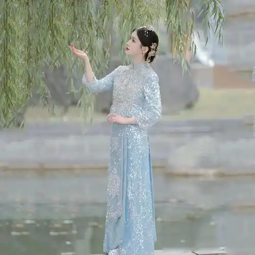 秀禾服2022新娘夏季结婚薄款冰蓝色重工流苏年轻款中式古装嫁衣