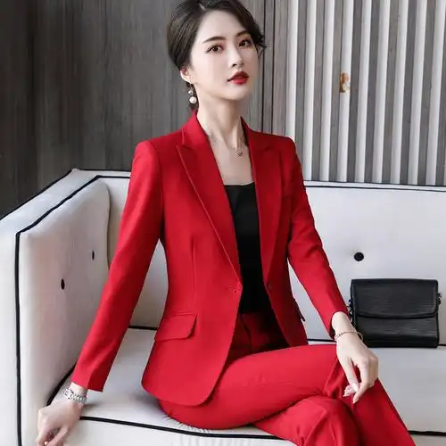 艳如飞女士套装 艳如飞女总裁职业套装红色西装秋时尚气质主持人商务