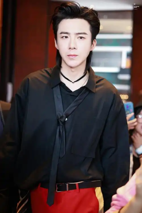 大背头,颈链,v领黑色衬衫,领带,红裤,腰间的丝巾.yyds,酷帅拽90.