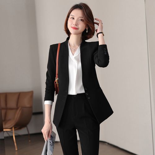 时尚气质职业套装女秋冬高级感无领黑色小西装修身显瘦正装两件套