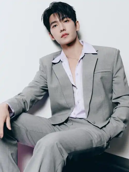 杨洋浅灰色齐腰西装