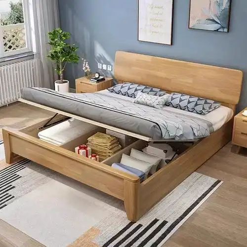 北欧实木床现代极简15米小户型家用18主卧双人床气压高箱储物床