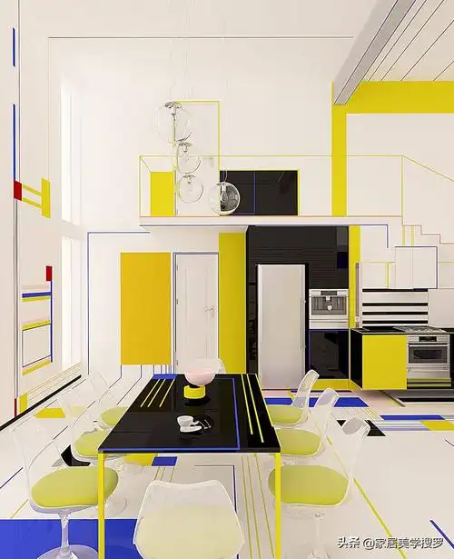 红色黄色和蓝色的家居装饰色彩对比鲜明的室内空间
