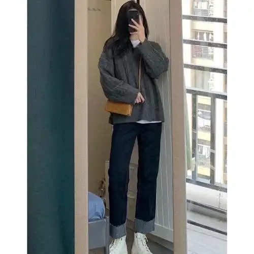 2020年秋冬新款小个子穿搭显高毛衣宽松牛仔裤炸街显瘦两件套装女