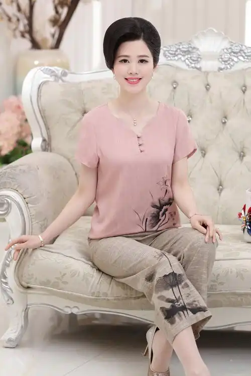 2018中老年女装夏装套装40-50妈妈装棉麻两件套奶奶装短袖阔腿裤