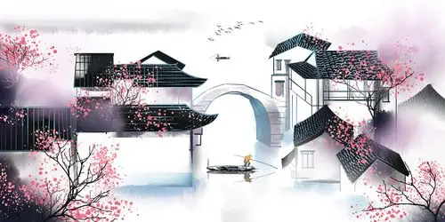 水墨江南水乡背景插画