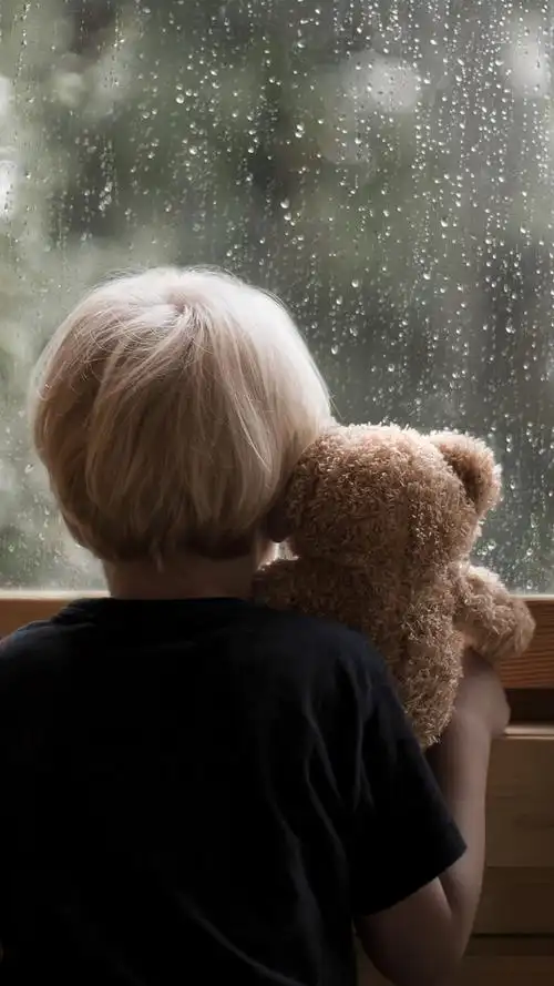 小男孩和泰迪熊看着窗外,下雨 iphone 壁纸