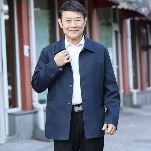 yuansu爸爸秋装男士夹克衫中老年薄款休闲外套春秋季老人扣子款上衣