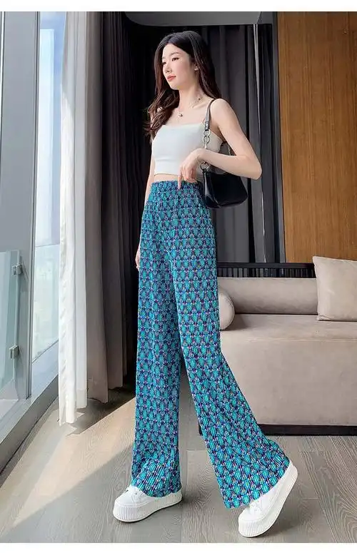 大码女装高腰直筒休闲裤子女新款褶皱垂感阔腿裤 - 17网