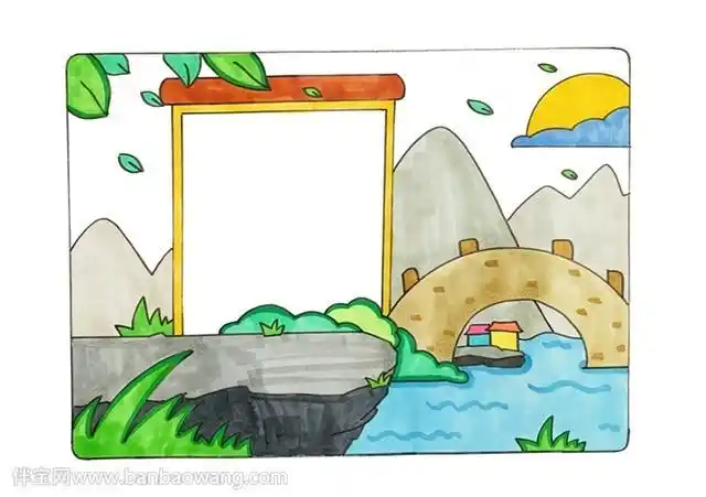 5,最后在边框内写上古诗,整理一下画面,那么这幅乌衣巷古诗配画就画好