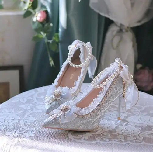 洛丽塔鞋子高跟鞋lolita高跟鞋子一夜物语洛丽塔鞋闪亮尖头高跟鞋花嫁