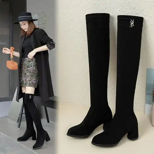 过膝盖的女生过膝长筒靴高跟秋天长靴女秋冬小个子长桶粗跟加绒高筒