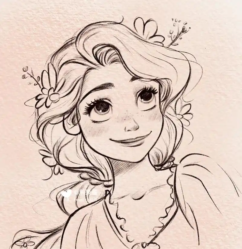 手绘线稿练习(附步骤)可临摹 来一个迪士尼长发公主,依然是线稿练习