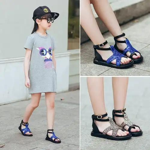 2018夏季新款女童凉鞋韩版亮片罗马公主鞋平底防滑宝宝凉鞋女批发