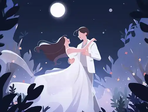 情侣夜晚月色下拥抱在一起跳舞唯美浪漫情人节爱情双人手绘插画氛围感