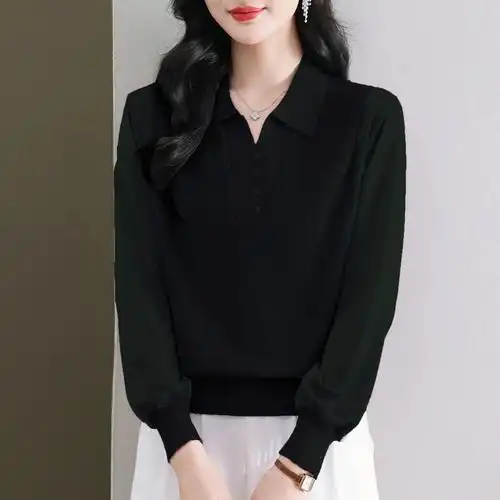 女桑蚕丝拼接长袖新款t恤假两件春秋翻领宽松上衣冰丝针织衫春季