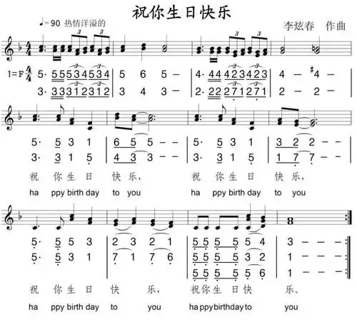 祝你生日快乐(李炫春作曲,线简谱混排,中英文对照版)