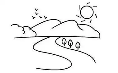 简笔画风景带颜色山水画大自然