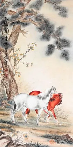 国家一级美术师王建辉四尺竖幅工笔动物画骏马图作品《双骏图》