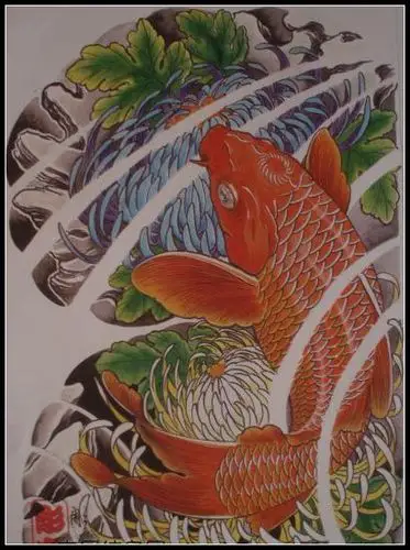 大红色半甲鲤鱼菊花纹身手稿