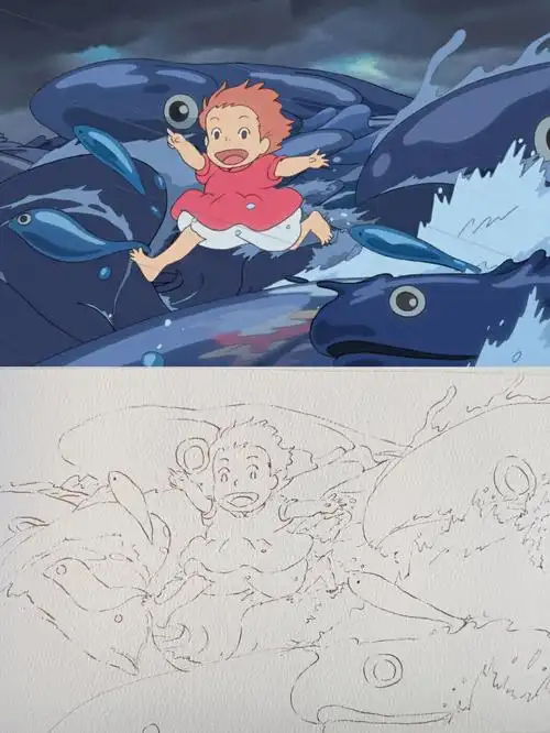 水彩宫崎骏悬崖上的金鱼姬线稿