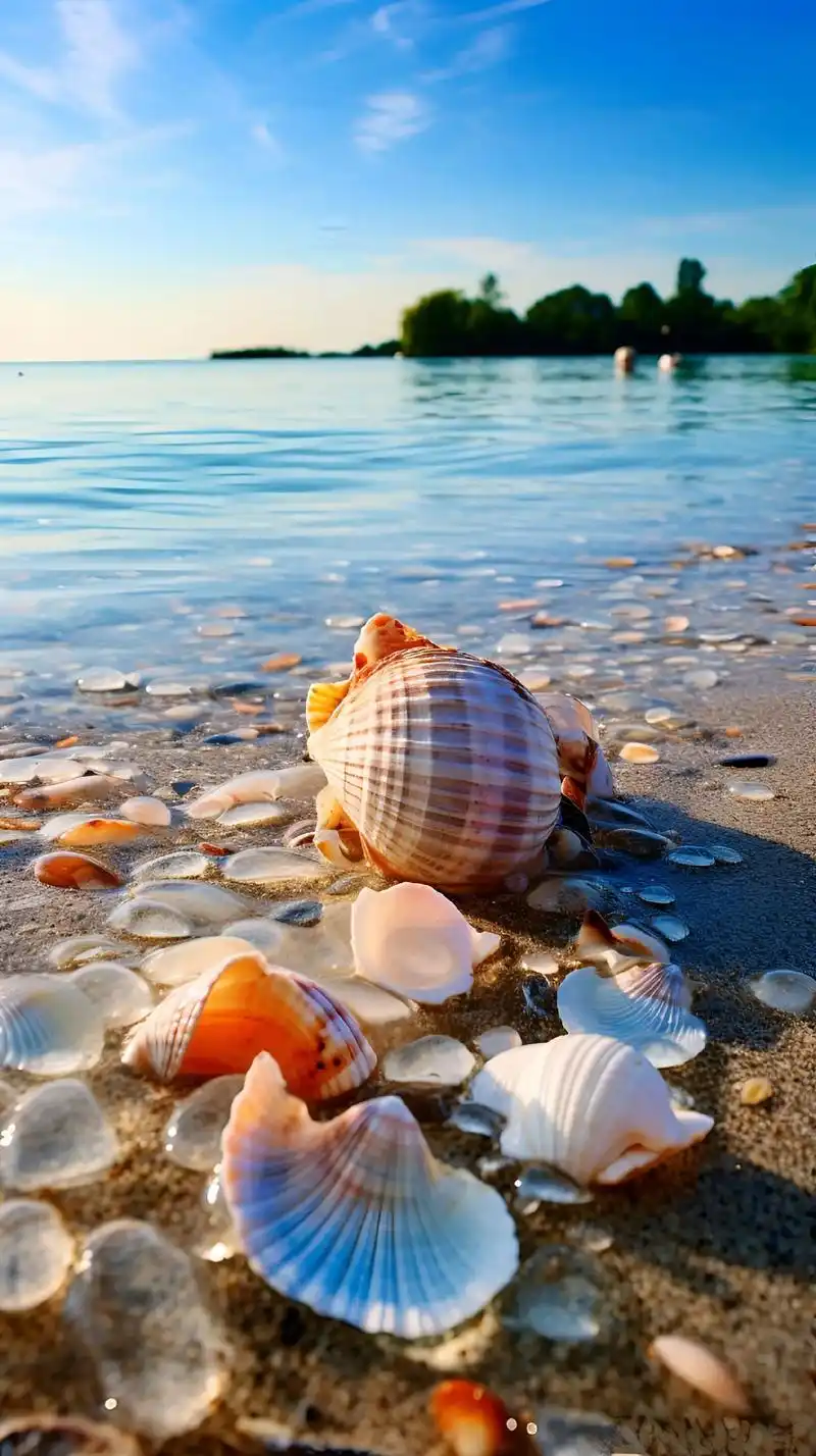 在金黄色的沙滩上,有许多五彩缤纷的贝壳,它们静静地躺在那儿# - 抖音