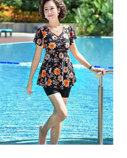 妈妈泳衣女保守中老年显瘦遮肚大码分体中年妈妈款游泳衣温泉