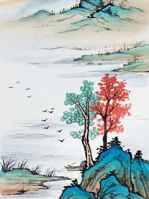 这是一副亮丽多彩的青绿山水画.寓意高远