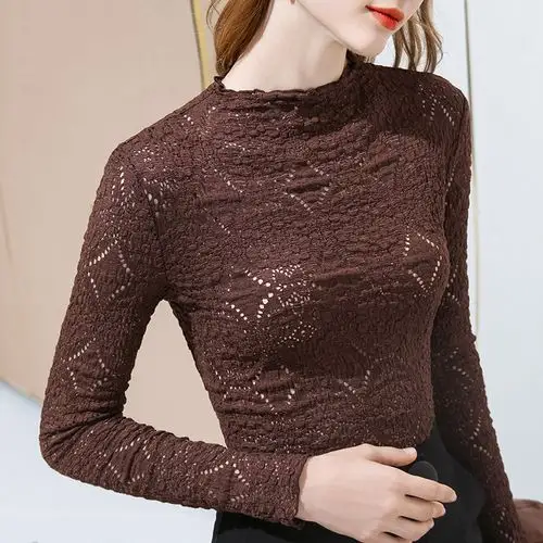 半高领蕾丝打底衫女秋冬内搭长袖t恤洋气小衫性感镂空雷丝上衣