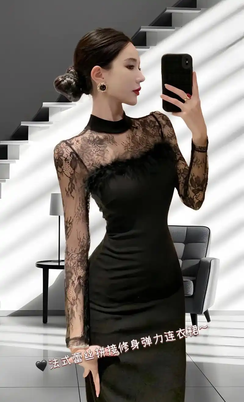 法式高级感蕾丝拼接弹力连衣裙,一眼爱!