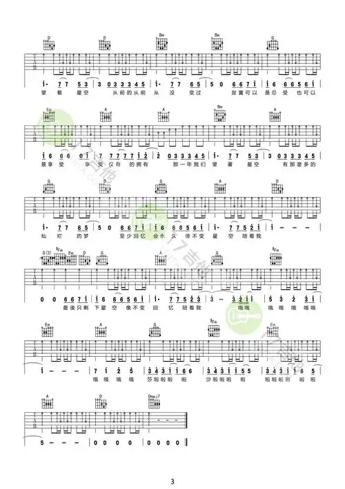《星空吉他谱》_五月天_d调_吉他图片谱3张 图3