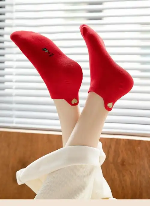 袜子女纯棉春秋短袜浅口结婚袜可爱红色船袜新年女袜两双福字均码3541