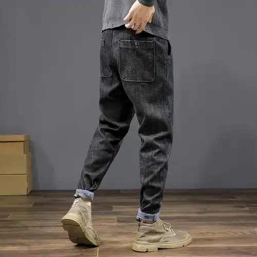 yuansu秋季牛仔裤男宽松直筒大码秋冬加绒哈伦长裤潮流百搭休闲裤子