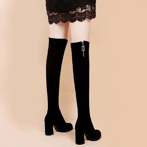 珂卡芙2021新款过膝长靴女网红高跟长筒弹力靴性感尖头粗跟高筒靴子